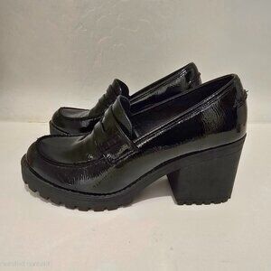 Dirty Laundry Women Black Patent Faux Leather Chunky Heeled Loafers - Size - 7